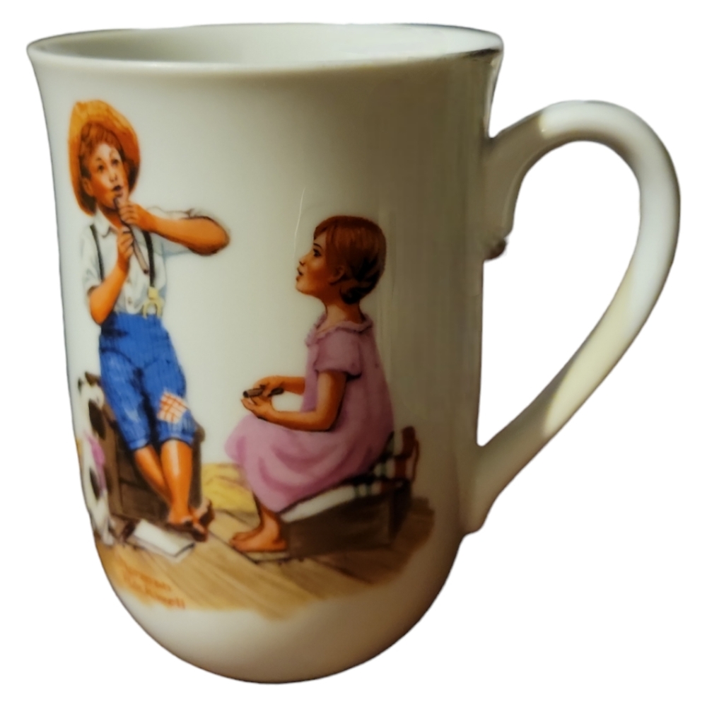 1 Vtg '82 Norman Rockwell Museum Cup Boy Girlfriend Puppy Music Master Gold Trim